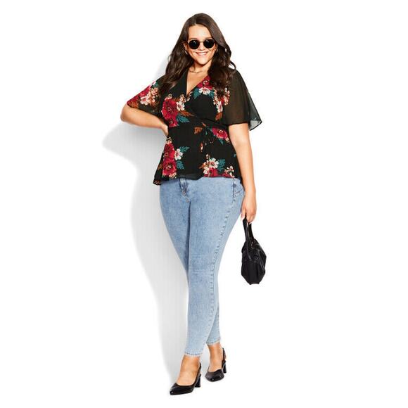 NWT City Chic Valencia Faux Wrap Tie Babydoll Blouse Floral Top Plus Size M 18 - Picture 13 of 14